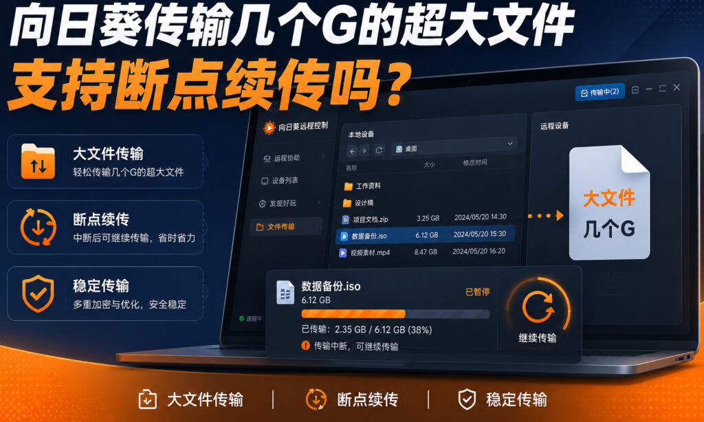 向日葵传输几个G的大文件支持断点续传吗