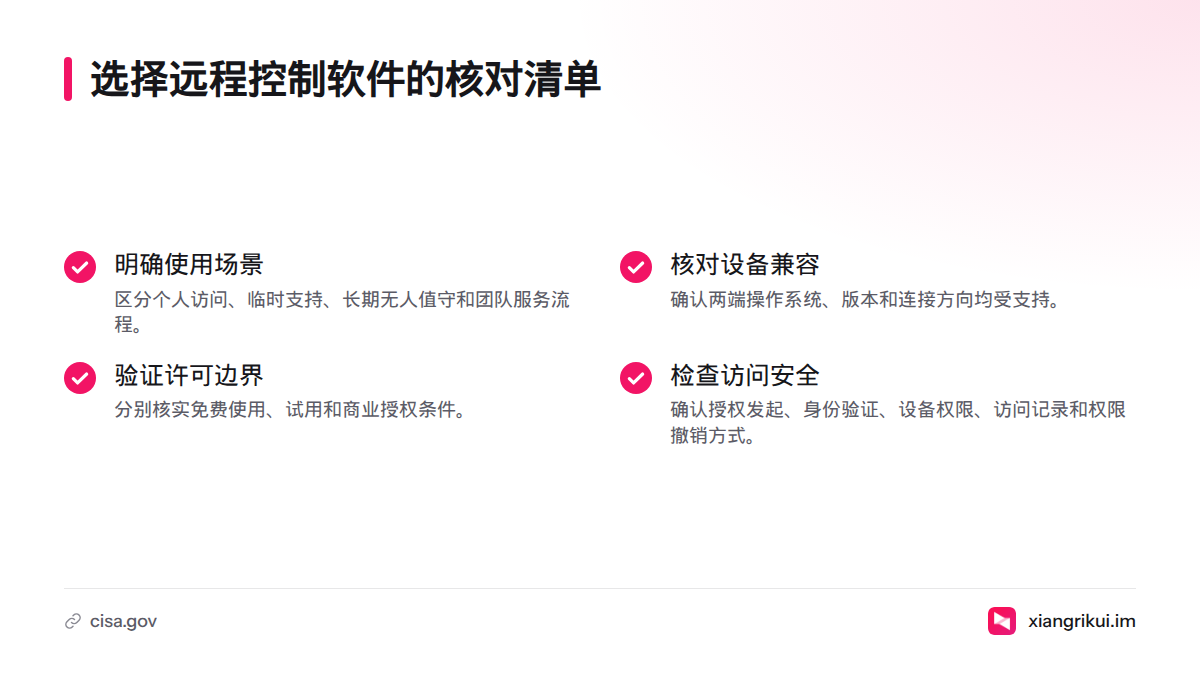 清单汇总选择软件时要核实的场景需求、设备兼容性、授权方式、安全权限和许可边界。